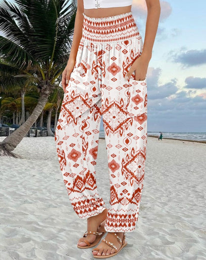 Damen weite Palazzo-Hose mit buntem Paisleymuster und elastischem Bund Stalluxe