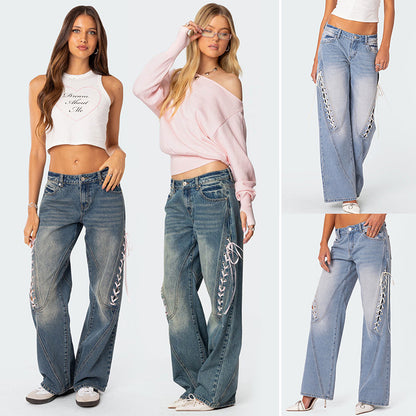 Damen Weite Jeans mit kontrastrierenden Schnüroptionen Stalluxe