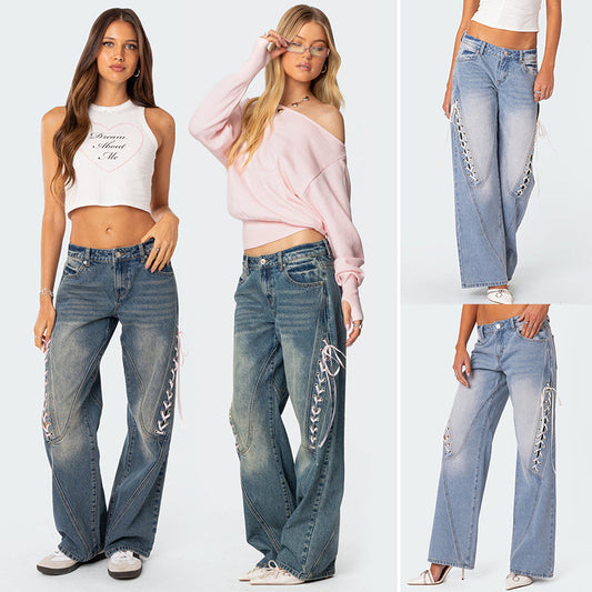 Damen Weite Jeans mit kontrastrierenden Schnüroptionen Stalluxe