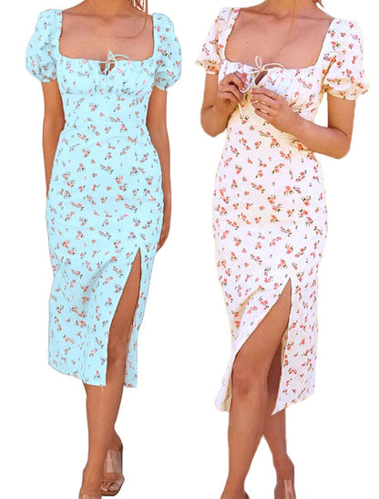 Damen Midi-Kleid mit schickem Quadrat-Ausschnitt und seitlichem Schlitz Stalluxe