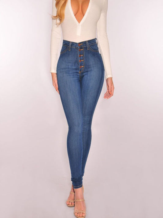 Damen High-Waist Skinny-Jeans mit Knopfdesign und figurbetontem Schnitt Stalluxe