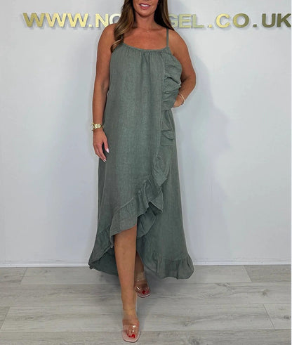 Damen luftiges Maxikleid mit asymmetrischem Saum und feinen Rüschendetails Stalluxe