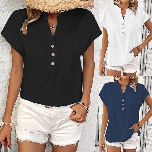 Damen stylisches Kurzarm-Oberteil mit Knopfdetails und trendigem Stehkragen Stalluxe
