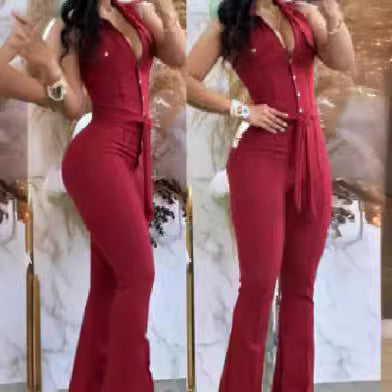 Damen Eleganter einfarbiger Overall mit tailliertem Schnitt und breiten Beinen Stalluxe