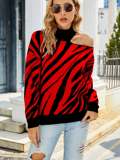 Damen Gemusterter Pullover mit asymmetrischem Ausschnitt und Rippstrick Stalluxe