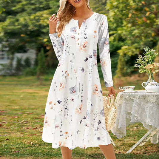 Damen Langarm Kleid mit floralem Design und durchgehender Knopfleiste Stalluxe
