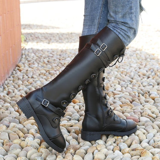 Damen Lange Schnürstiefel mit modischen Riemen Stalluxe