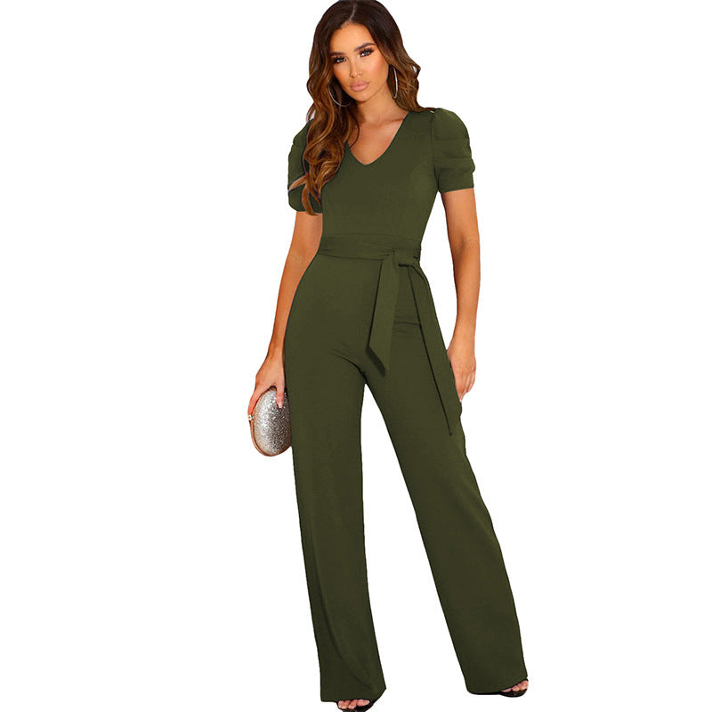 Damen Eleganter Jumpsuit mit Taillengürtel und Puffärmel Stalluxe