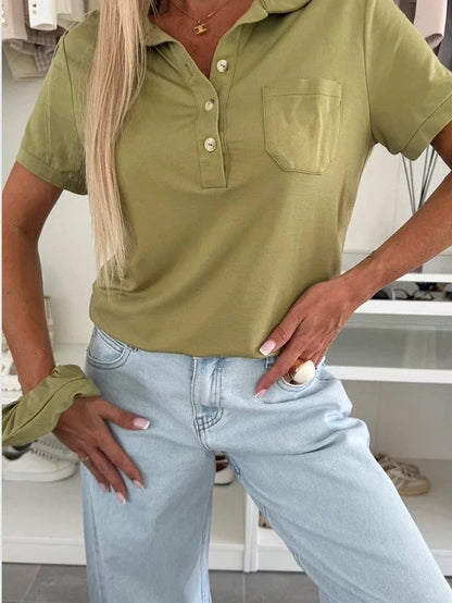 Damen polo Stil Shirt mit Knopfleiste und Brusttasche Stalluxe Olivgrün