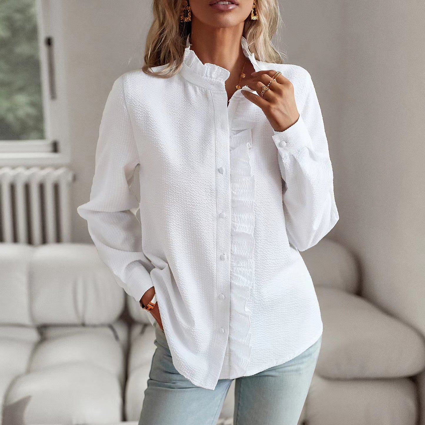 Damen charmante Bluse mit Rüsche Stalluxe