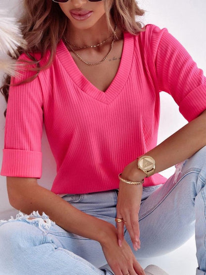 Damen V-Ausschnitt Kurzarmshirt aus geripptem Stoff Stalluxe