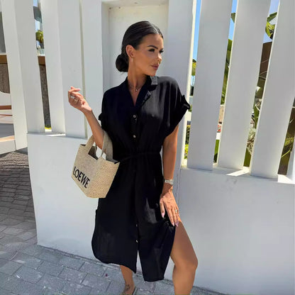 Damen Kurzarm Hemdblusenkleid mit Taillenzug Stalluxe