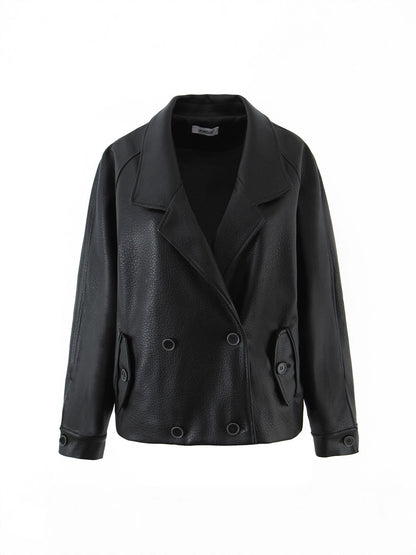Damen modische Kunstlederjacke mit doppelter Knopfleiste und großem Revers Stalluxe