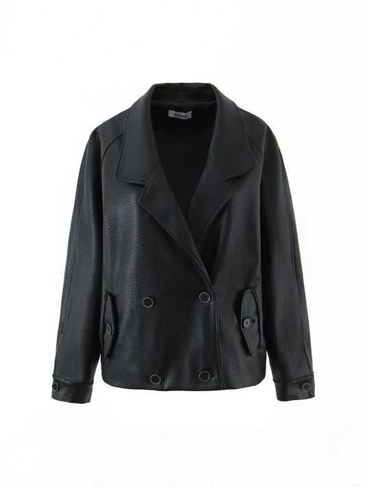 Damen modische Kunstlederjacke mit doppelter Knopfleiste und großem Revers Stalluxe