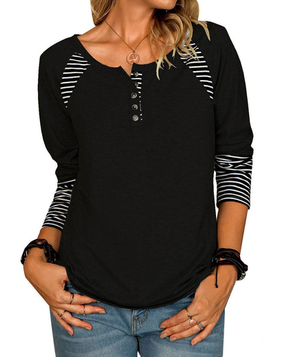 Damen lässiges Langarmshirt mit gestreiften Farbblockdetails und Knopfverschluss Stalluxe