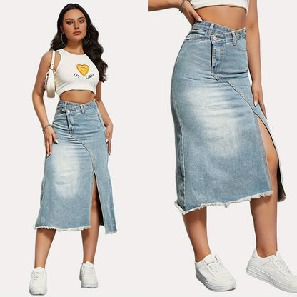 Damen Jeansrock mit asymmetrischem Schnitt und hohen Seitenschlitzen Stalluxe