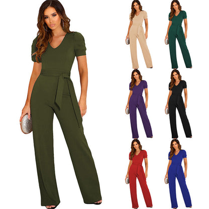 Damen Eleganter Jumpsuit mit taillierbarem Schnitt und kurzen Puffärmeln Stalluxe