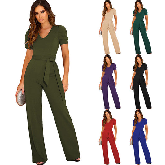 Damen Eleganter Jumpsuit mit taillierbarem Schnitt und kurzen Puffärmeln Stalluxe