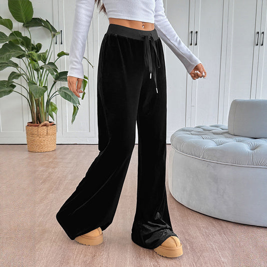 Damen weite Lounge-Hose aus Samt mit elastischem Bund und Kordelzug Stalluxe