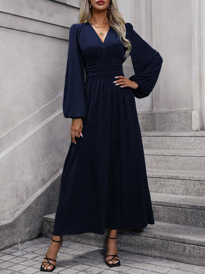 Damen elegantes Maxikleid mit V-Ausschnitt und voluminösen Puffärmeln Stalluxe