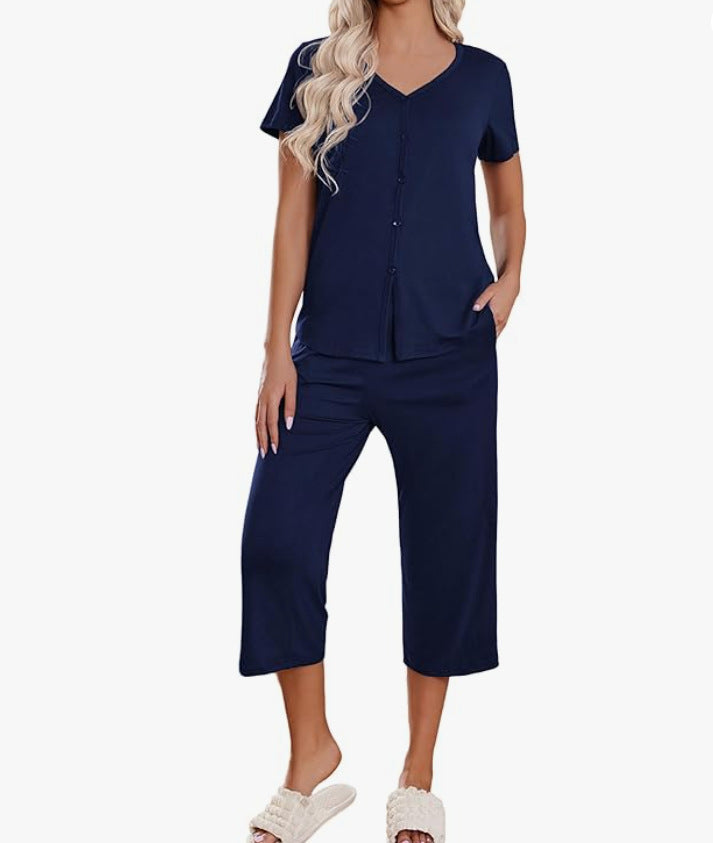 Damen Schlafanzug-Set mit kurzem Ärmel und bequemen Hosen Stalluxe Dunkelblau