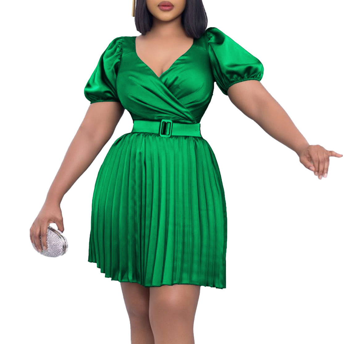 Damen Plissiertes Kleid mit elegante Wickeloptik und tailliertem Gürtel Stalluxe