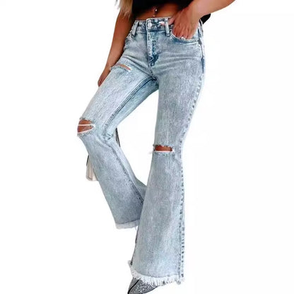 Damen Flared Jeans mit modischen Fransen und Rissen Stalluxe
