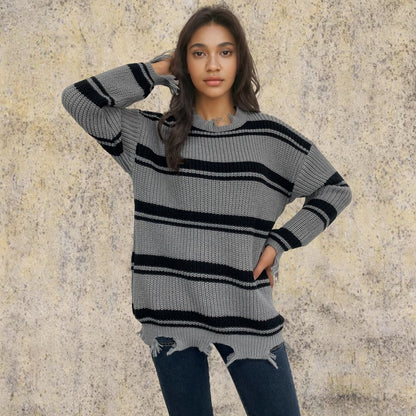 Damen Grob gestrickter Oversized Pullover mit Fransen und Querstreifen Stalluxe