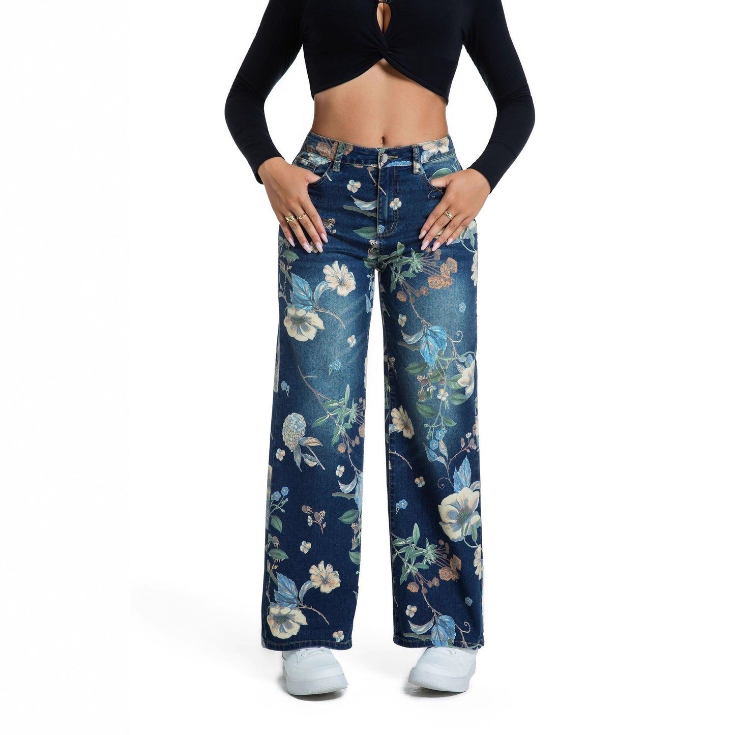 Damen weite Jeans im floralen Design mit hohem Bund Stalluxe