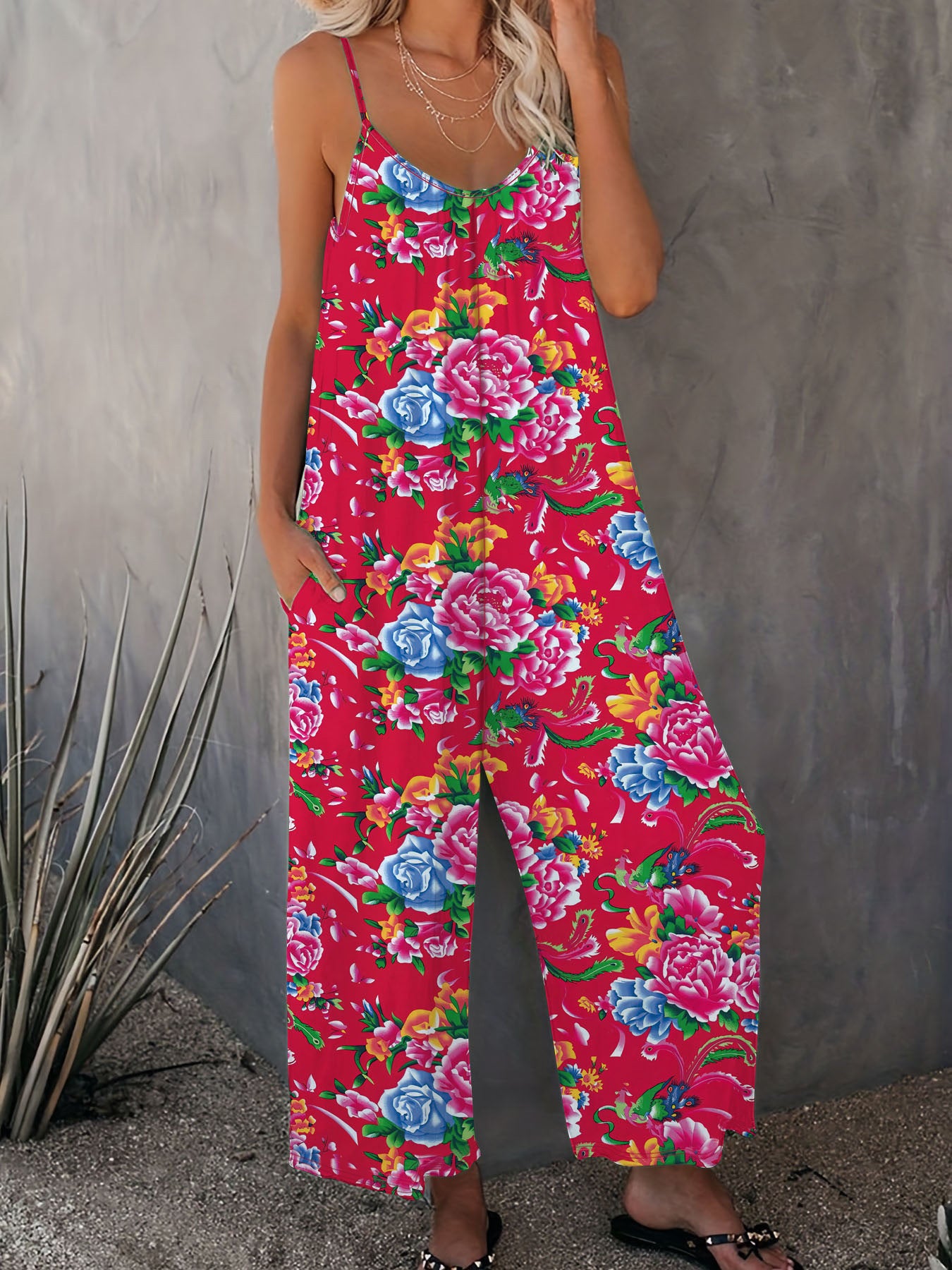 Damen Sommerlicher Jumpsuit mit floralen Mustern und weitem Schnitt Stalluxe Fuchsia