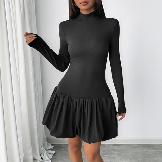 Damen figurbetontes Kleid mit Stehkragen und voluminösem Rock Stalluxe