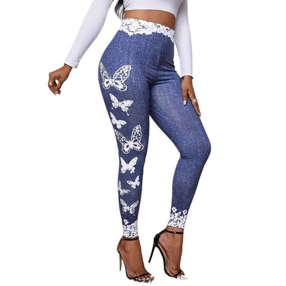 Damen Leggings mit floralem Spitzensaum und buntem Schmetterlingsdruck Stalluxe