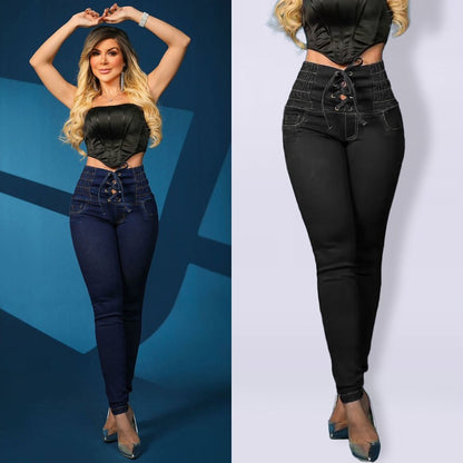 Damen Hochtaillierte Jeggings mit Schnürung Stalluxe