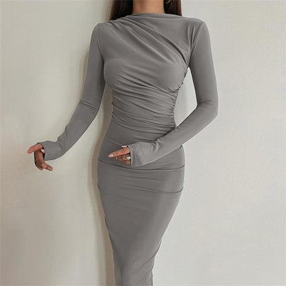 Damen elegantes Langarm Midi-Kleid mit gesteppter Drapierung Stalluxe