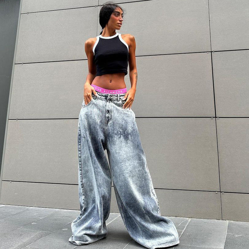 Damen Weite Jeanshose im Vintage-Stil mit hohen Seitentaschen Stalluxe