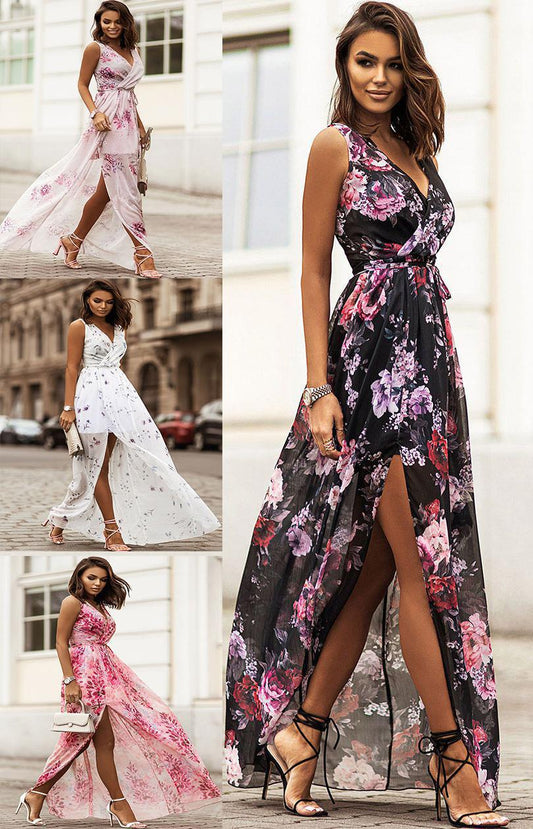 Damen Maxikleid mit verführerischem V-Ausschnitt und zartem Blumenmuster Stalluxe