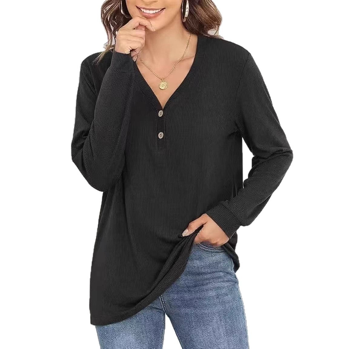 Damen lässiges Langarmshirt mit Knopfleiste und feiner Struktur Stalluxe