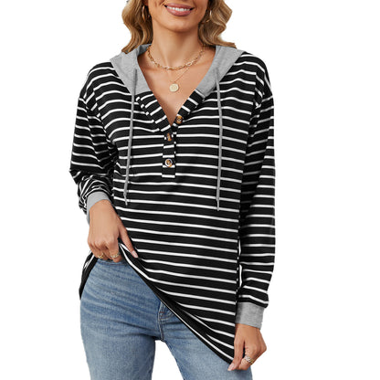 Damen lässiger Streifen-Hoodie mit Knopfleiste und bequemem Schnitt Stalluxe