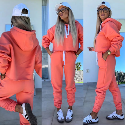 Damen bequemer Cropped Hoodie mit elastischem Bund und lässiger Jogginghose Set Stalluxe