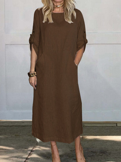 Damen luftiges Midi-Kleid mit praktischen Taschen und umschlagbaren Ärmeln Stalluxe