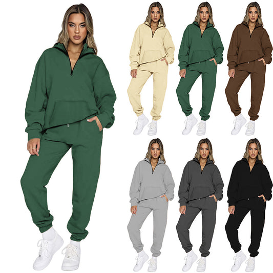 Damen gemütlicher Two-Piece Sweatsuit mit halbem Reißverschluss und praktischen Taschen Stalluxe