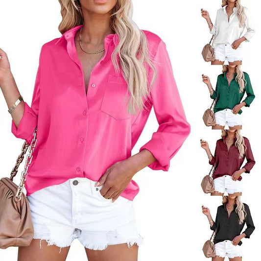 Damen Elegante Satinbluse mit klassischem Kragen und Brusttasche Stalluxe