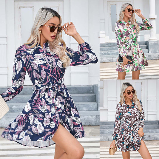 Damen Blütenmuster Kleid mit Gürtel Stalluxe