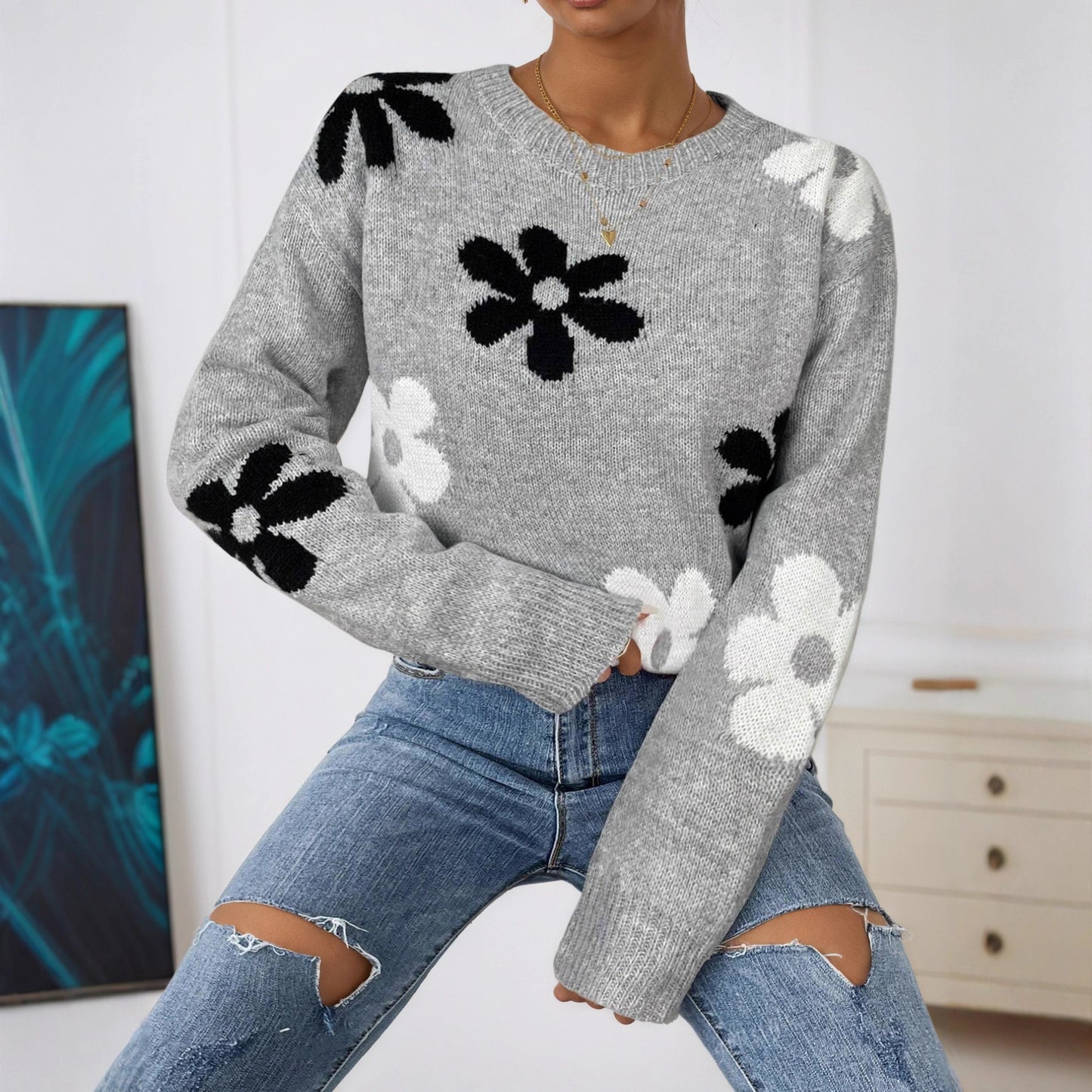 Damen Pullover mit floralem Design und Rundhalsausschnitt Stalluxe