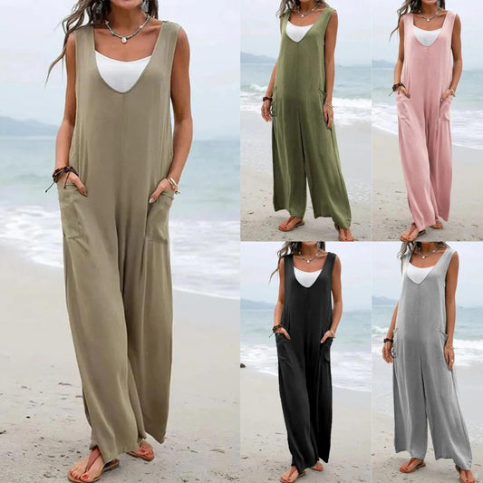 Damen Lässiger Jumpsuit mit tiefem V-Ausschnitt und praktischen Taschen Stalluxe