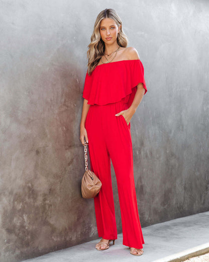 Damen Off-Shoulder Jumpsuit mit weitem Bein und elastischem Bund Stalluxe