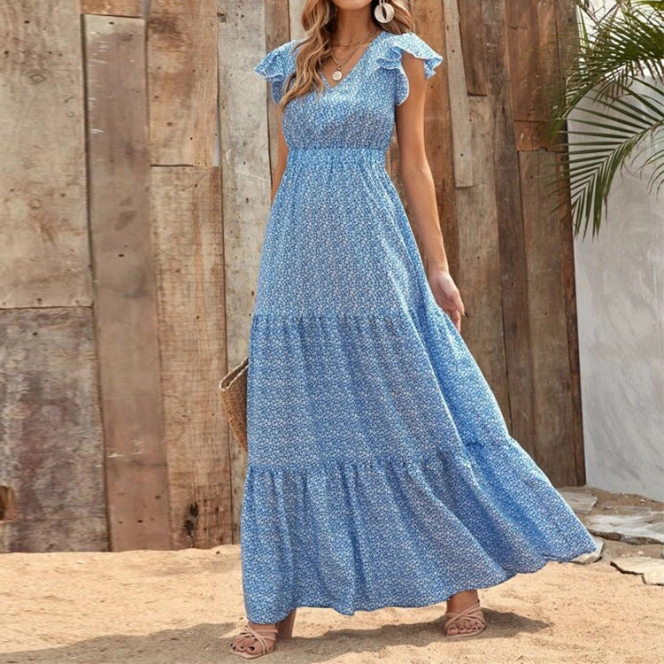 Damen Maxikleid mit zarten Rüschendetails und tieferem V-Ausschnitt Stalluxe