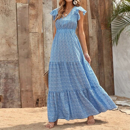 Damen Maxikleid mit zarten Rüschendetails und tieferem V-Ausschnitt Stalluxe