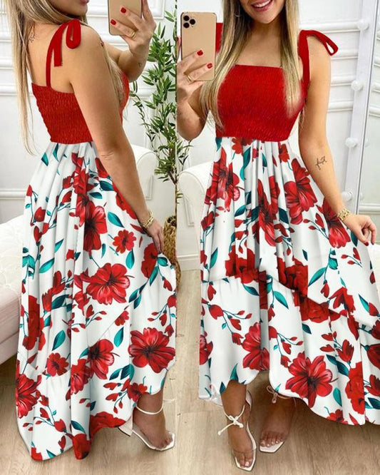 Damen Smocked Floral Maxi Kleid Stalluxe