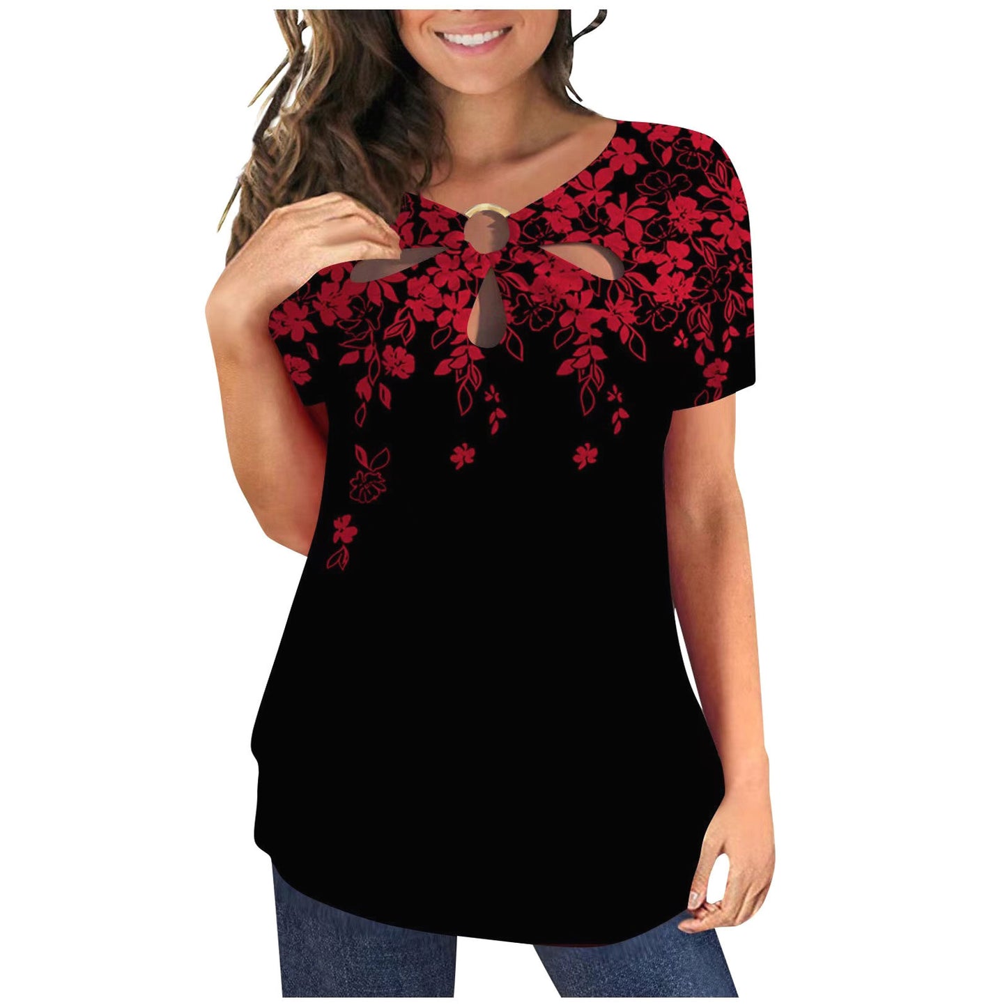 Damen elegantes Oberteil mit floralem Cut-Out-Design und glänzendem Ringeinsatz Stalluxe